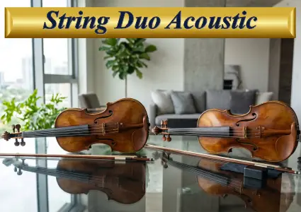 Two professional cellos or violins displayed in a modern interior, representing string duo event music packages starting from $500.
