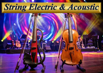 Electric cello and acoustic classical cello on stage with professional lighting, representing the Electric & Classic live music entertainment package.