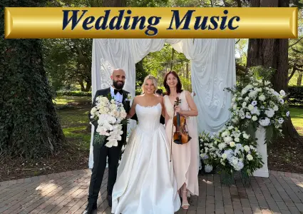 Live wedding music performance with a solo violinist alongside a bride and groom at an outdoor reception.