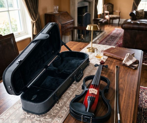Black and red Yamaha silent electric violin with bow and gray Kevlar case on a wooden table in a luxury lounge.